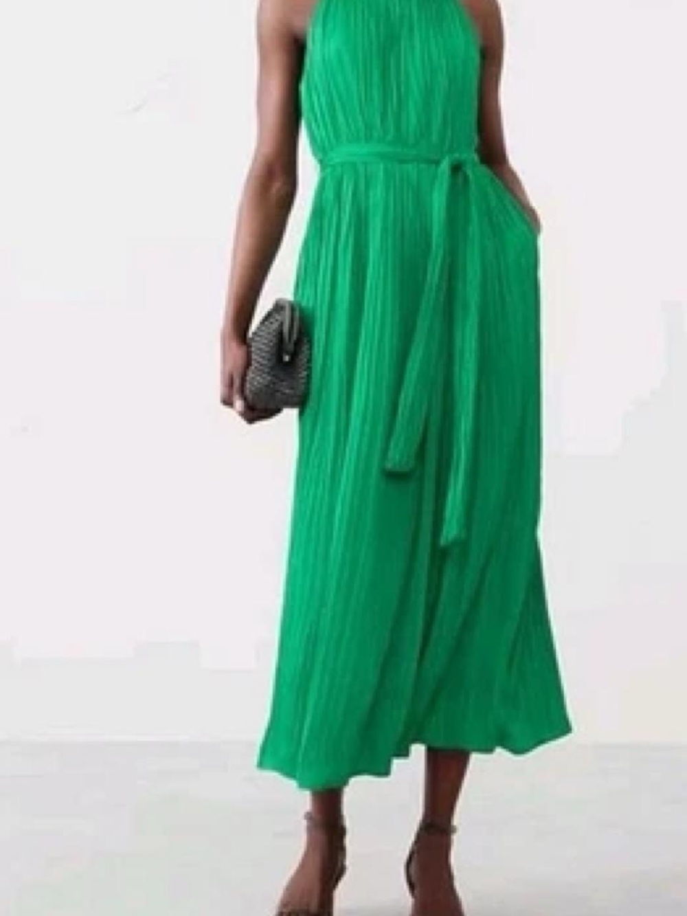 Banana Republic Green Sleeveless Pleated Midi Dress with Waist Tie